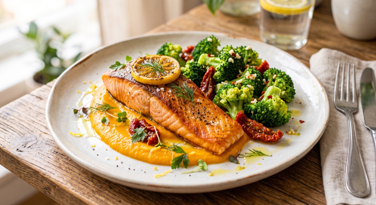 Salmon fillet with lemon carrot coulis, broccoli and sun-dried tomatoes, ready to be logged in Lento.