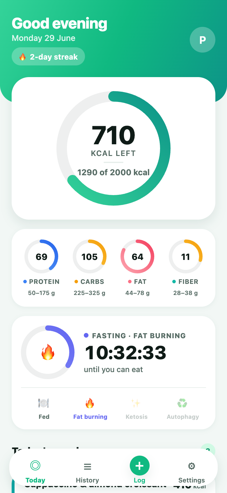 Lento today screen with calorie ring